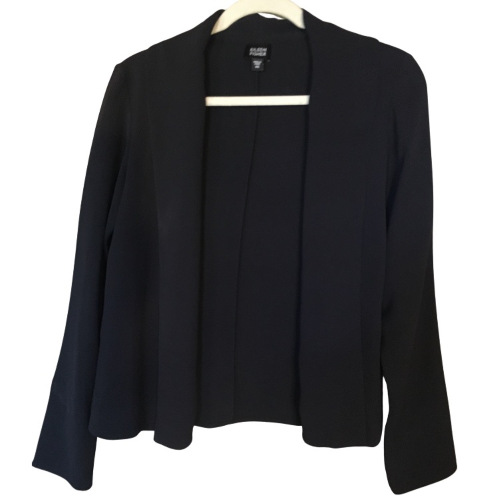 Beautiful Navy Eileen Fisher Silk and Spandex Jacket, Shawl Collar, Size XS